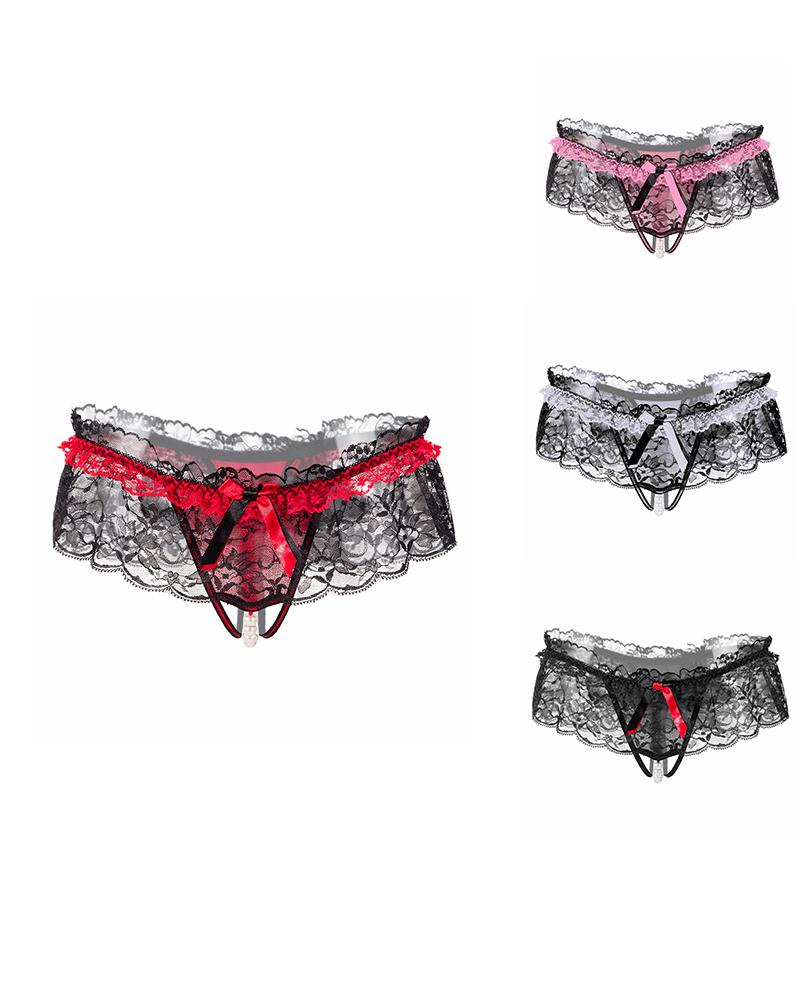 

Ruffles Colorbock Crochet Lace Bowknot Decor Thong Panty, Style1