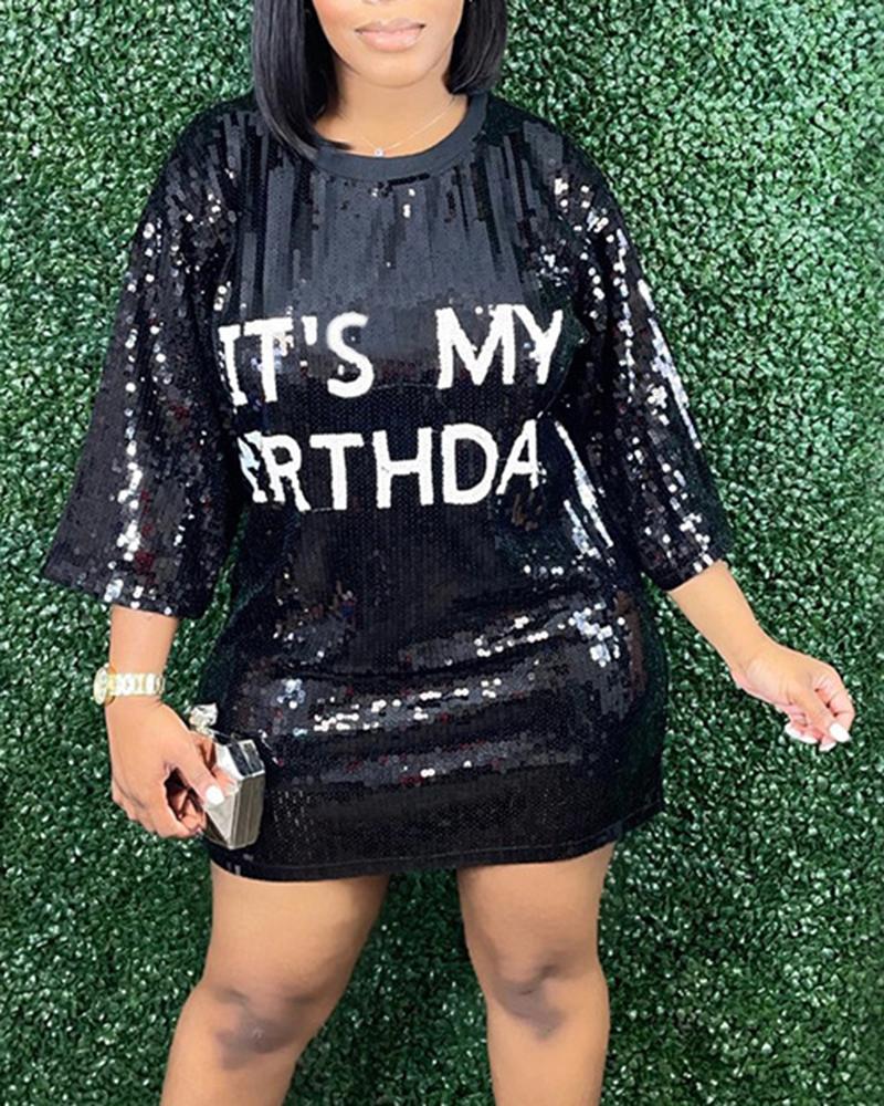

Letter Pattern Allover Sequin Casual Dress, Black