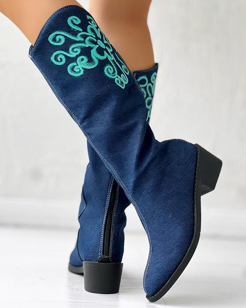

Graphic Print Zipper Back Vintage Calf Boots, Green