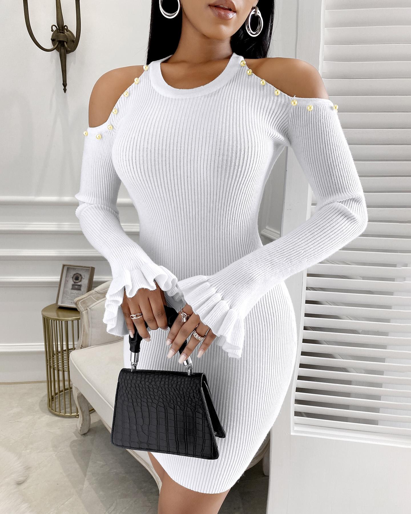 

Cold Shoulder Beaded Bell Sleeve Bodycon Dress, White