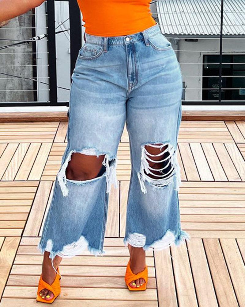 

Cutout Ripped Raw Hem Flared Leg Jeans, Blue