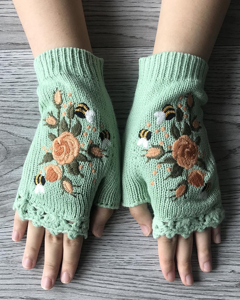 

1Pair Floral Embroidery Hollow Out Fingerless Knit Gloves, Green