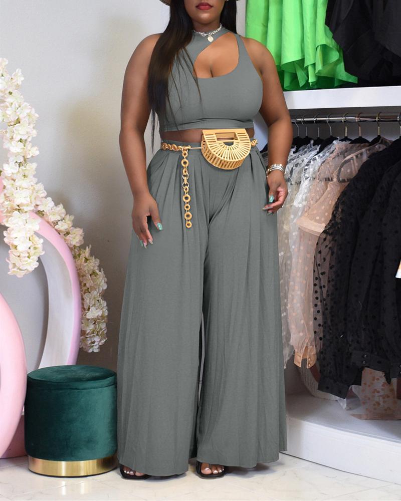 

Plus Size Asymmetrical Neck Top & Wide Leg Pants Set, Gray