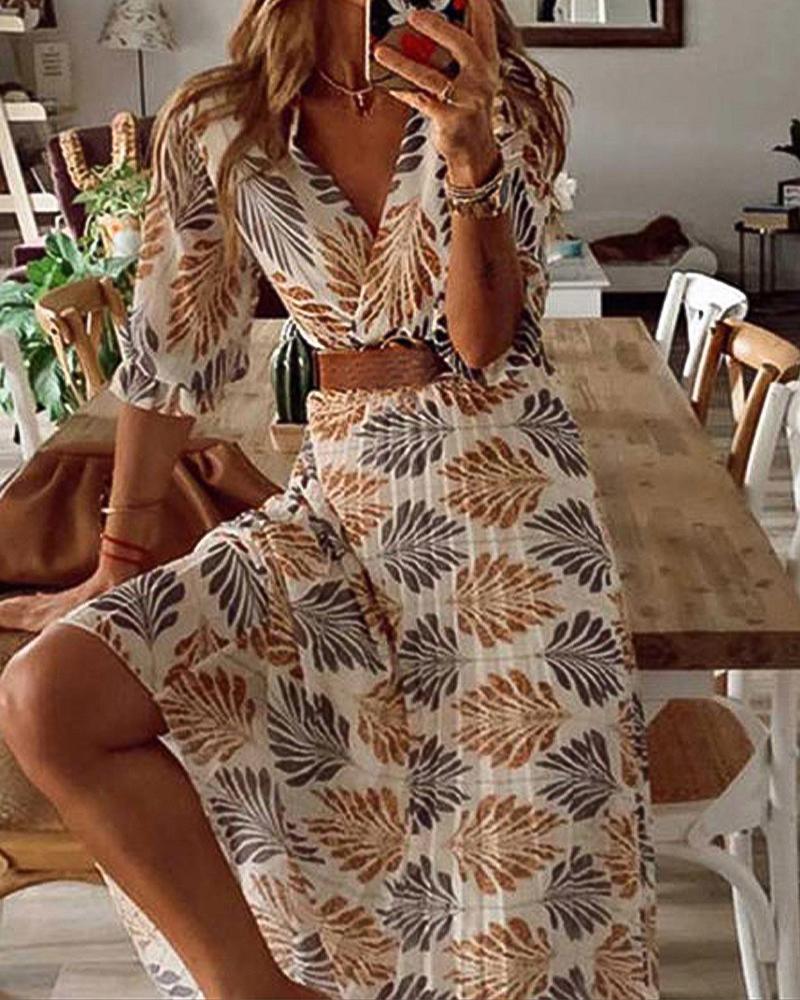 

Plants Print Surplice Neck Pleated Maxi Dress, Beige