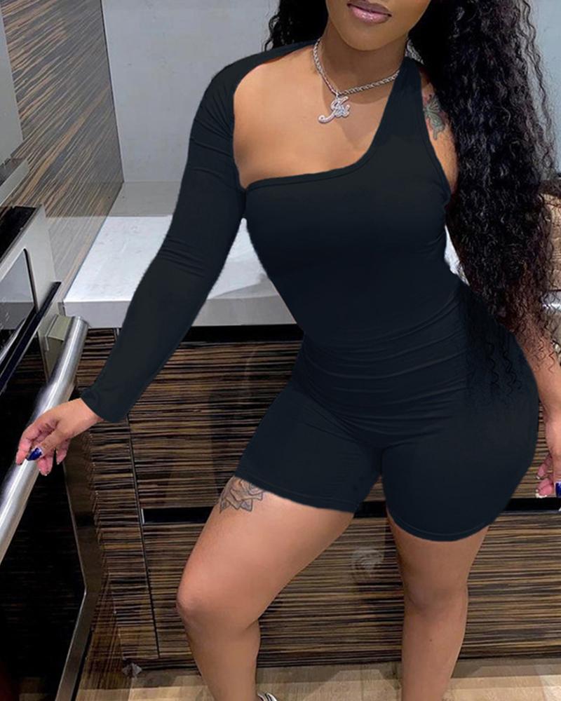 

Solid Long Sleeve Cut-out Slim Rompers, Black