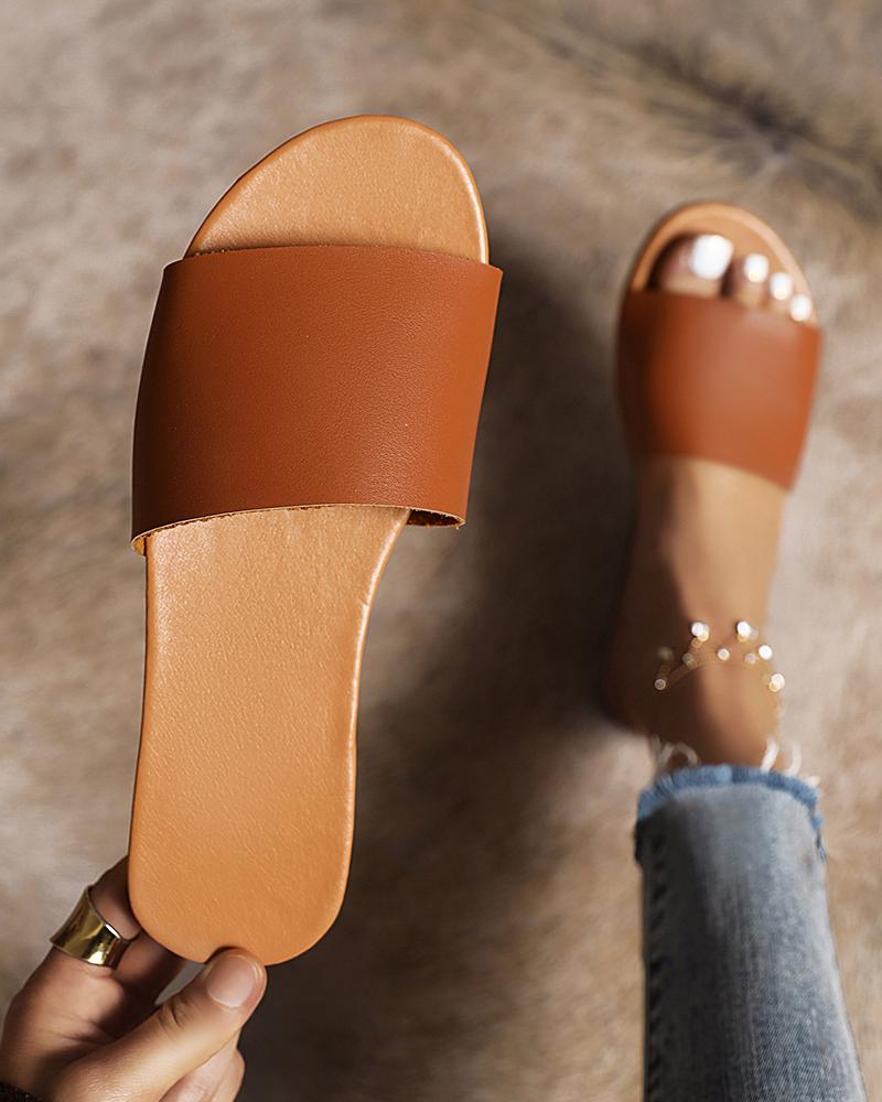 

Round-toe Solid Color Strap PU Leather Slippers, Brown