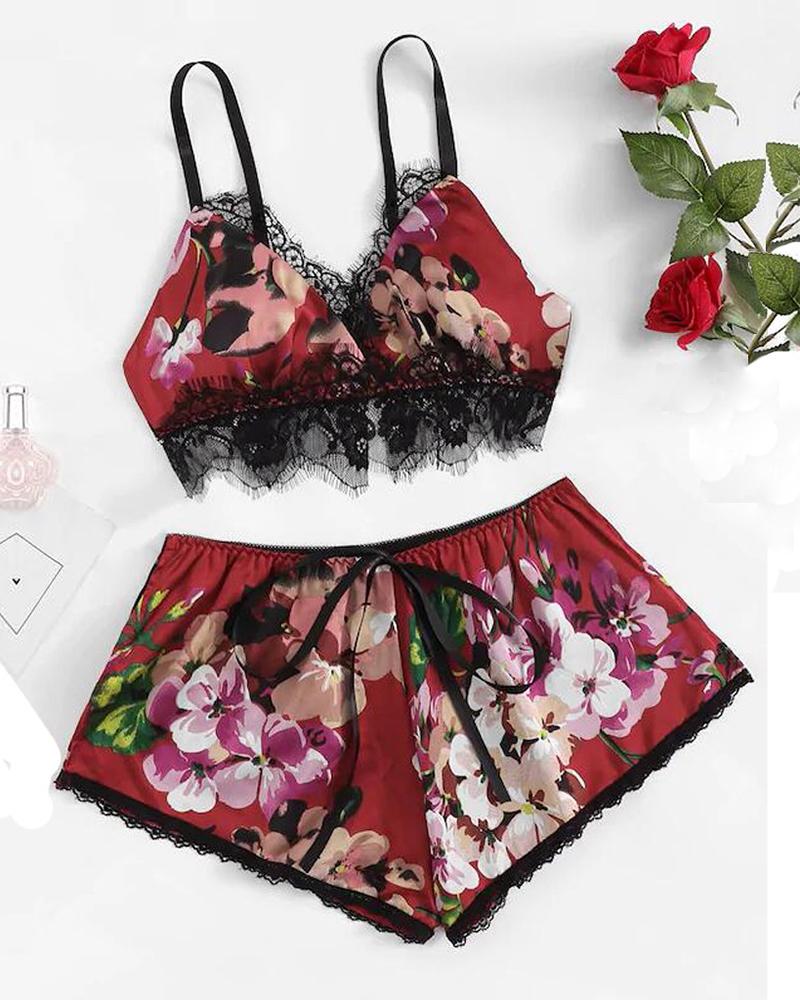 

Floral Print Lace Trim Cami Set, Wine red