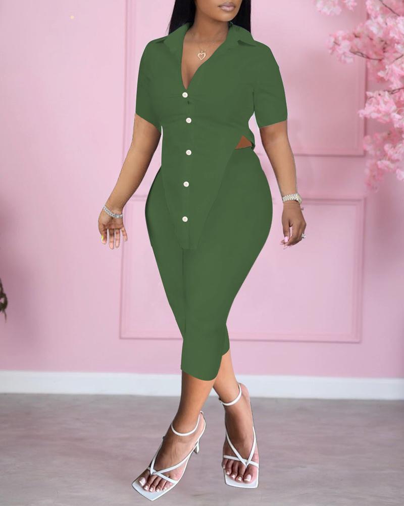 

Button Front Hanky Hem Top & Capris Pants Set, Army green