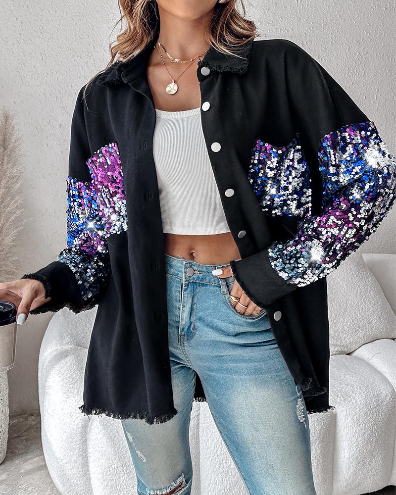 

Colorblock Sequin Patchwork Long Sleeve Jacket Top Button Front Raw Hem Shacket, Black