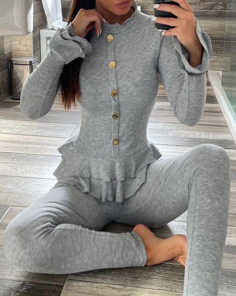 

Buttoned Ruffle Hem Top & High Waist Pants Set, Gray