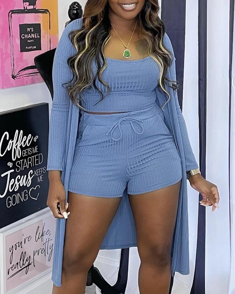 

Ribbed Top & Drawstring Shorts Set With Cardigan, Blue