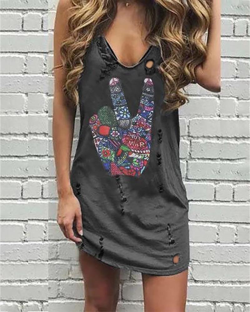 

Finger Pattern Print Hollow Out Casual Dress, Gray