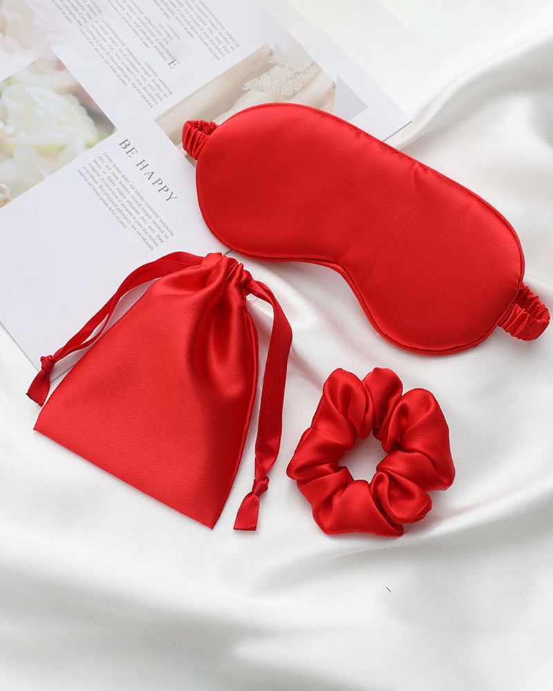 

3pcs Silk Sleep Mask & Scrunchie & Drawstring Storage Bag Set, Red
