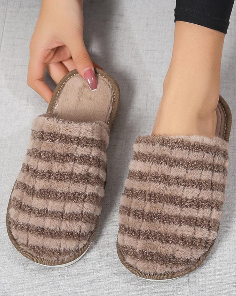 

Striped Pattern Round Toe Fuzzy Slippers, Coffee