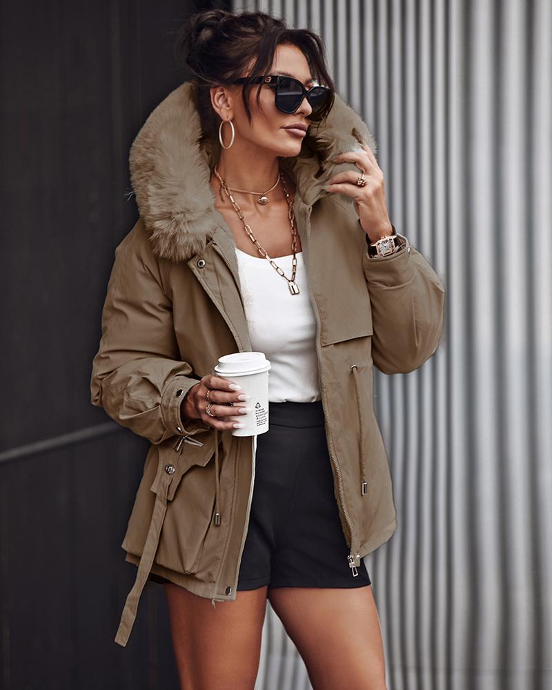 

Faux Fur Lantern Sleeve Hooded Cargo Parka Coat, Brown