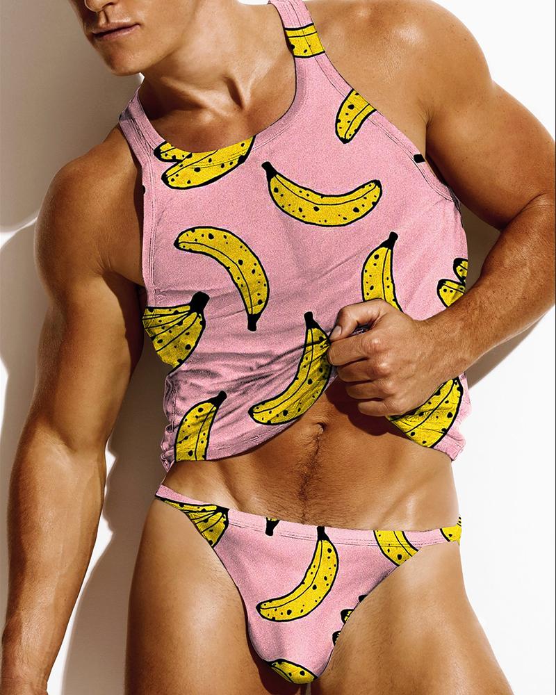 

Banana Print Sleeveless Tank Top With Underpants Bikini Suit Sets, Pink