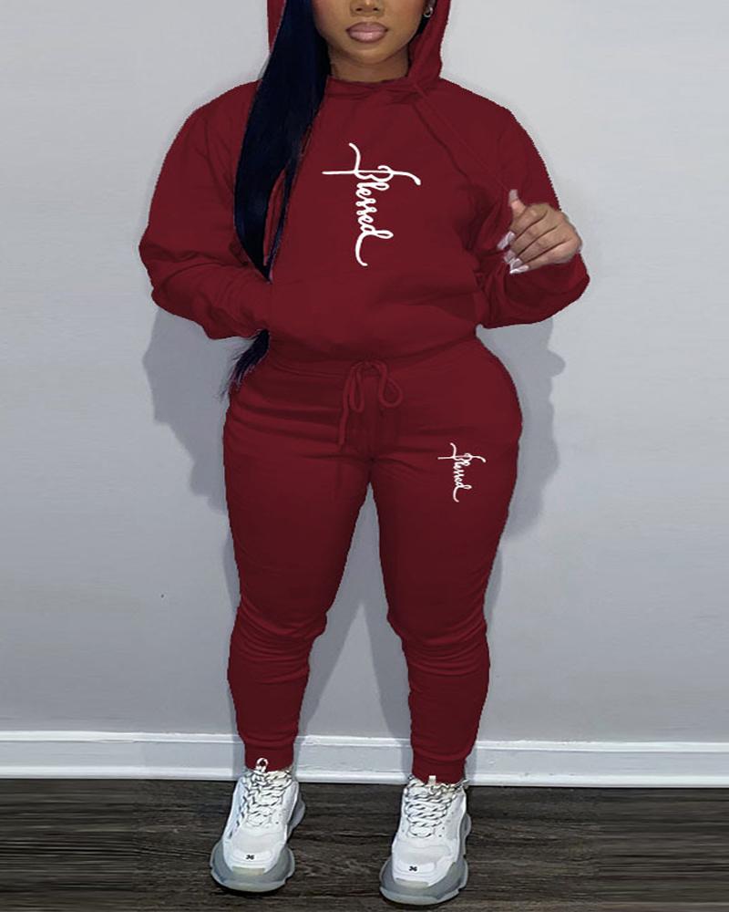 

Plus Size Letter Print Casual Hoodie & Pants Set, Red