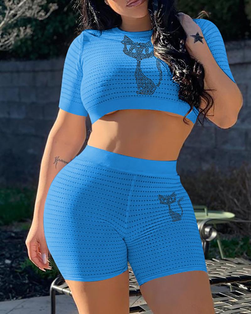 

Studded Short Sleeve Crop Top & High Waist Shorts Set, Blue