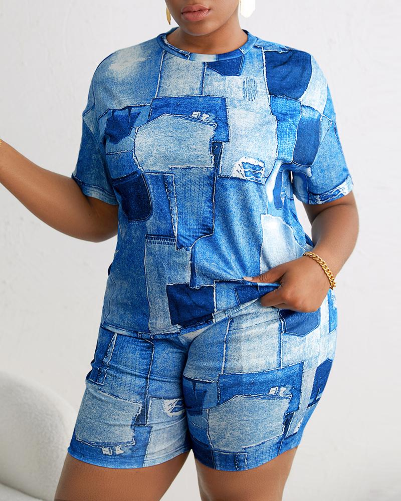 

Denim Look Print Casual Top & Shorts Set, Blue