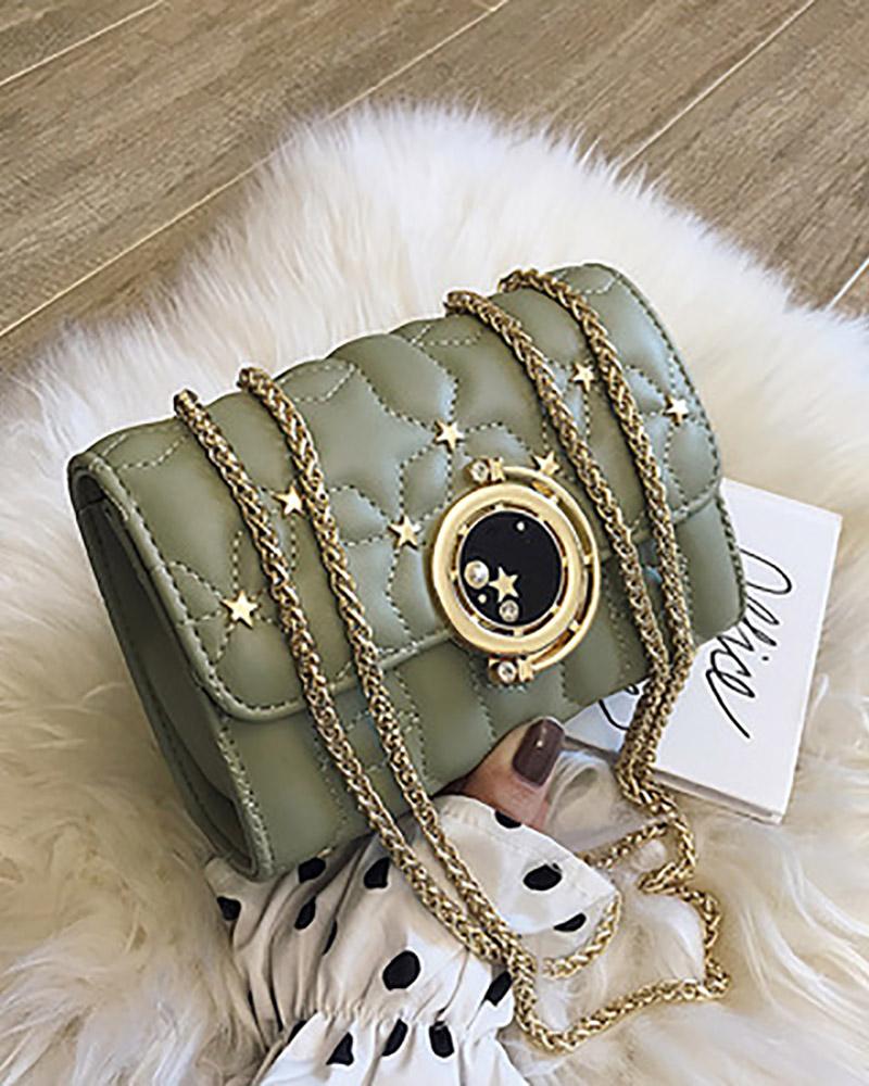 

Star Pattern Beaded Quilted Chain Bag, Green