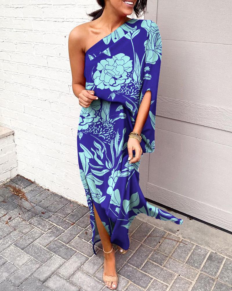 

One Shoulder Split Hem Plants Print Maxi Dress, Blue