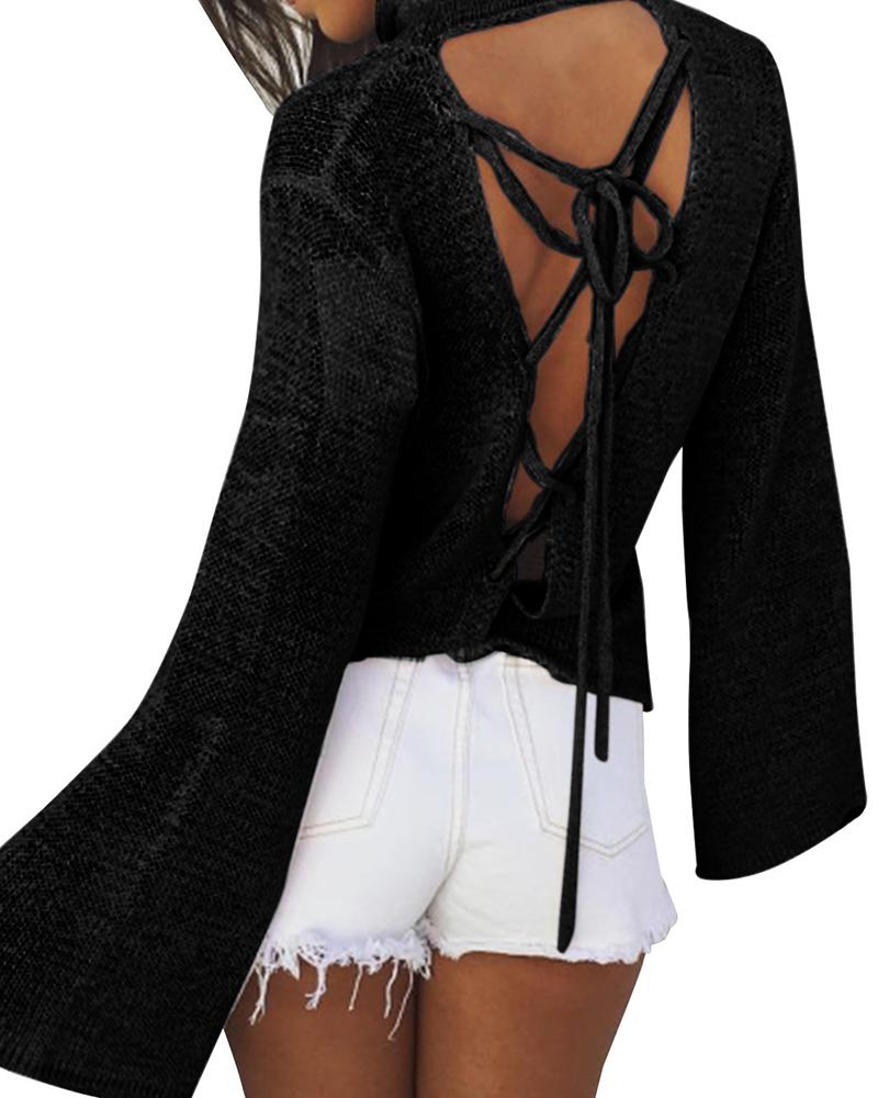 

Tied Detail Backless Bell Sleeve Sweater, Black