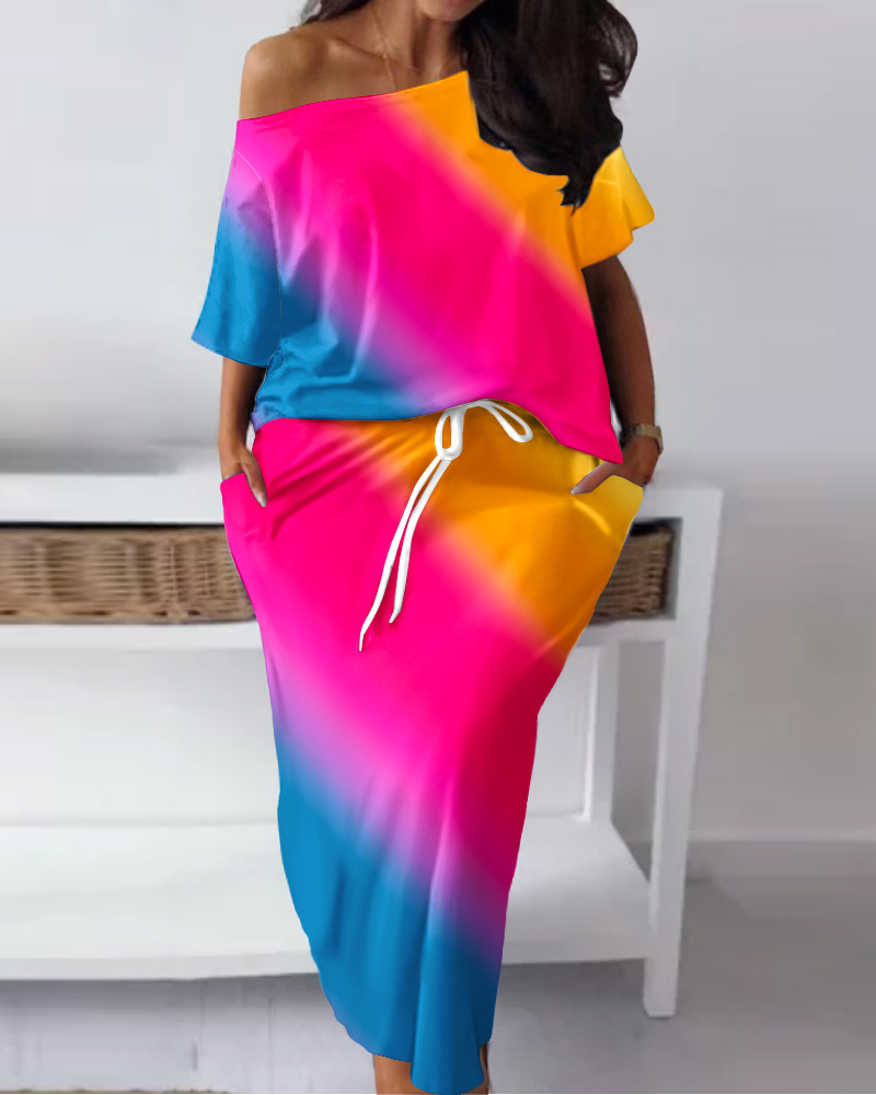 

Plus Size Ombre Skew Neck Top & Drawstring Skirt Set, Multicolor