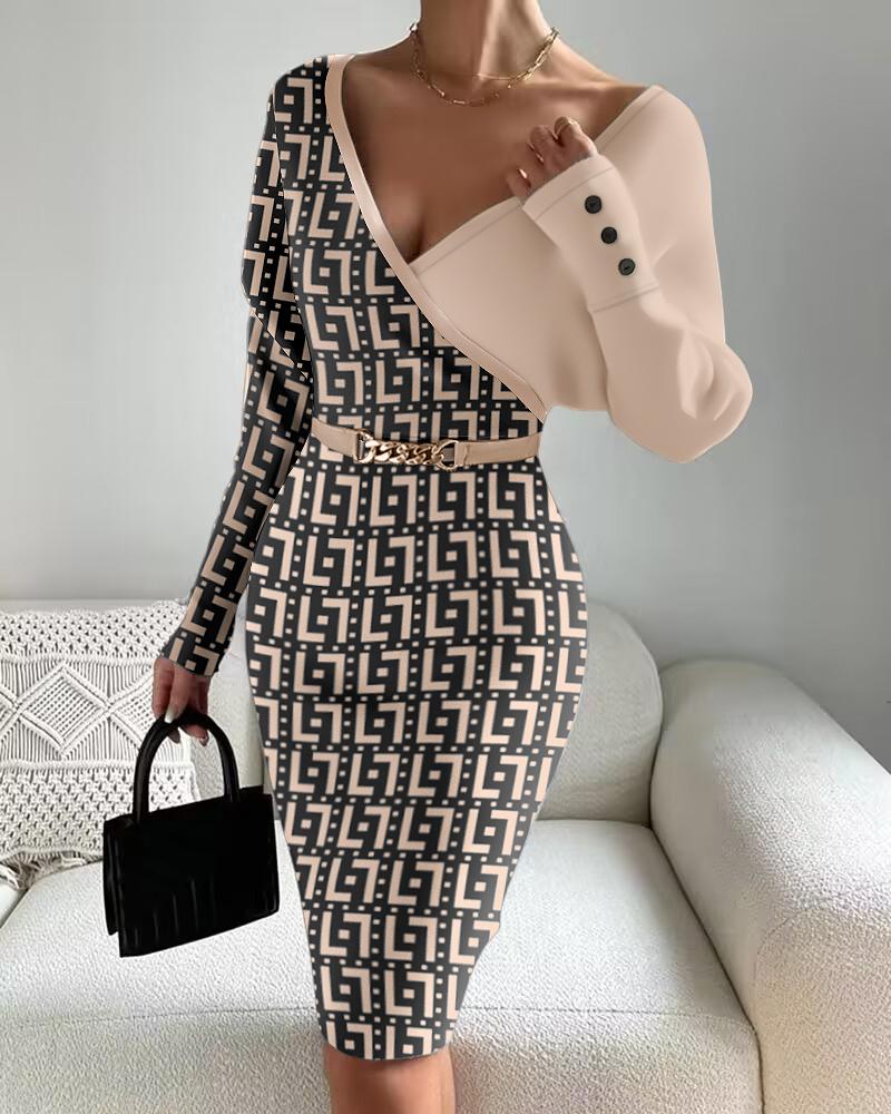 Colorblock Geometric Print Long Sleeve Dress