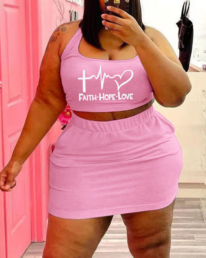 

Letter Heart Print Crop Tank Top & Skirt Set, Pink