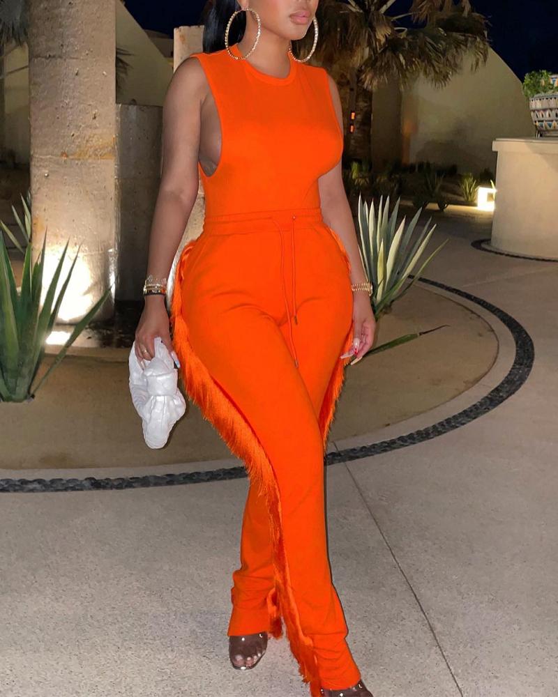 

Plain Tassel Trim Sleeveless Jumpsuit, Orange