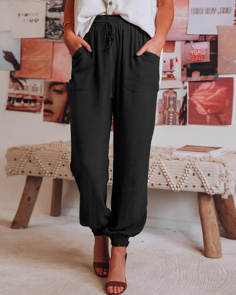 

Pocket Detail Drawstring Casual Cuffed Pants, Black