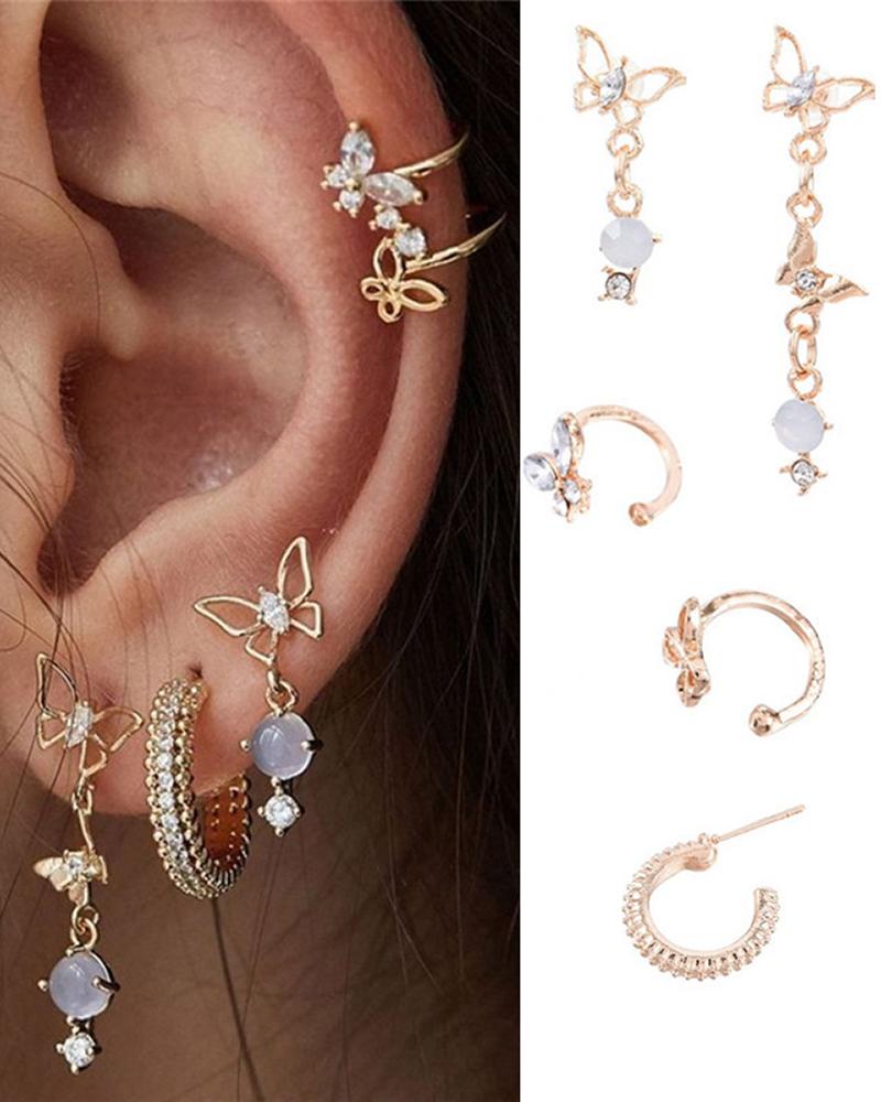 

5pcs Butterfly Rhinestone Decor Earrings Set, Gold