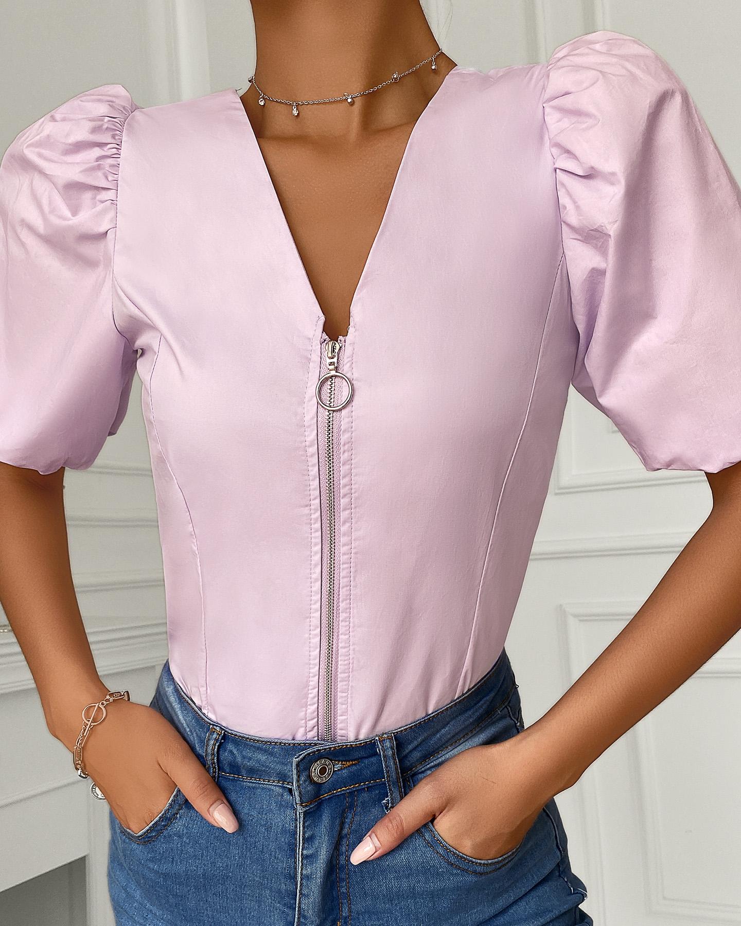 Puff Sleeve Shirring Detail Zipper Design Top