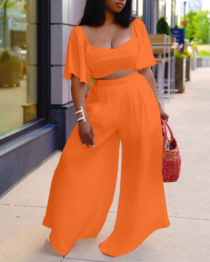 

Bell Sleeve Tie Back Crop Top & Wide Leg Pants Set, Orange