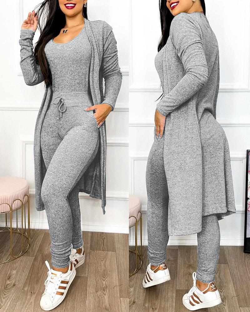 

Drawstring Pocket Design Jumpsuit & Coat Set, Gray