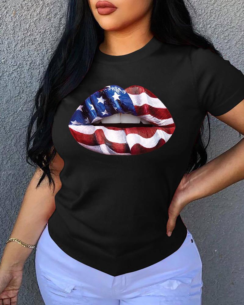 

Lip Print O Neck Short Sleeve T-Shirt, Black