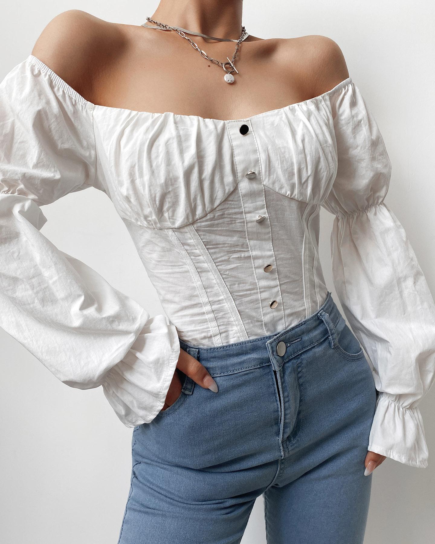 

Off Shoulder Lantern Sleeve Button Decor Top, White