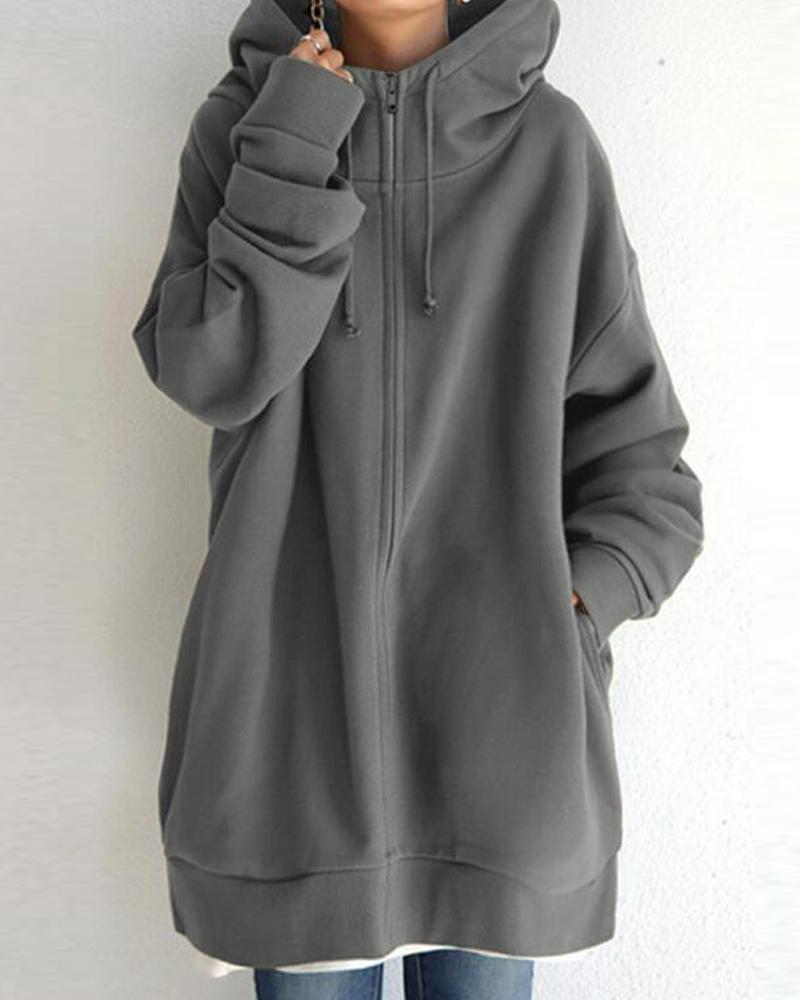 

Long Sleeve Zip Front Fleece Lined Hoodie, Gray