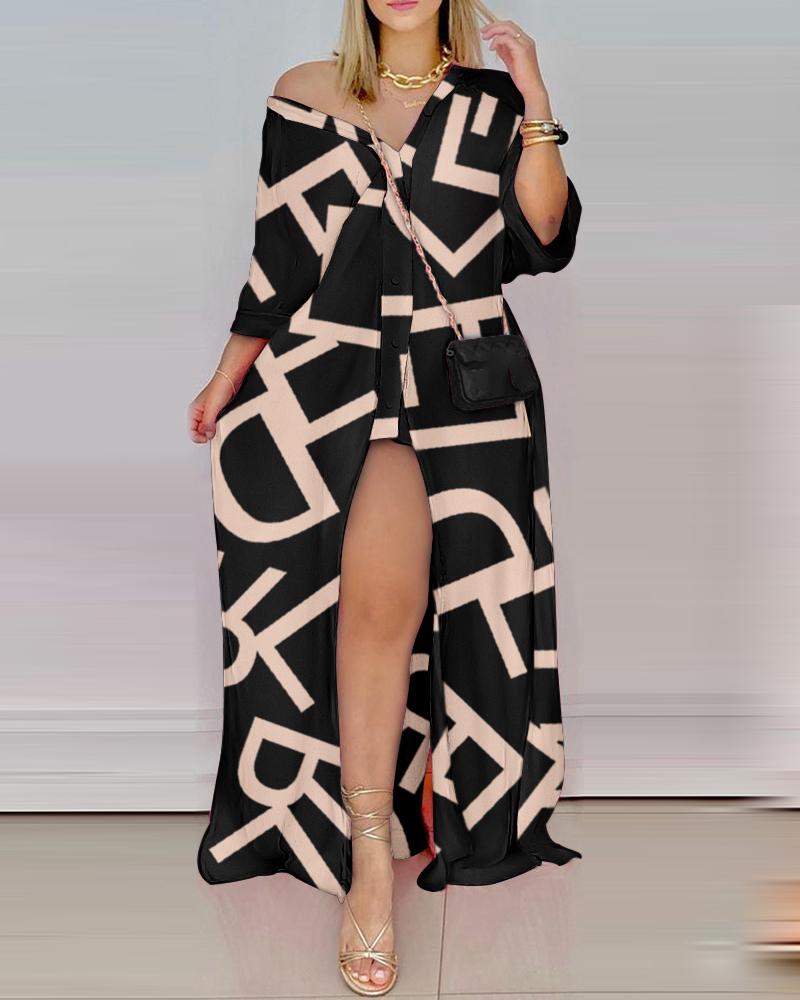 

Letter Print Button Design High Slit Maxi Dress, Black