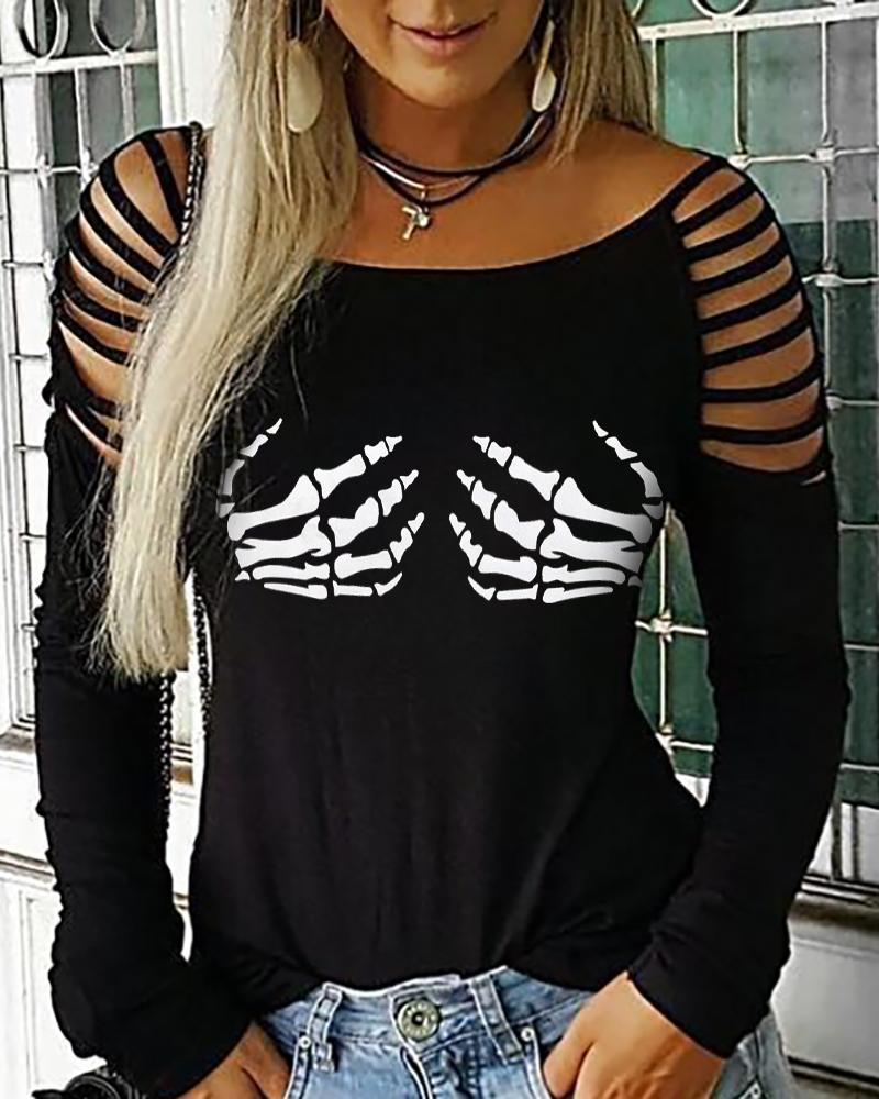 

Ladder Cutout Halloween Print Top, Black