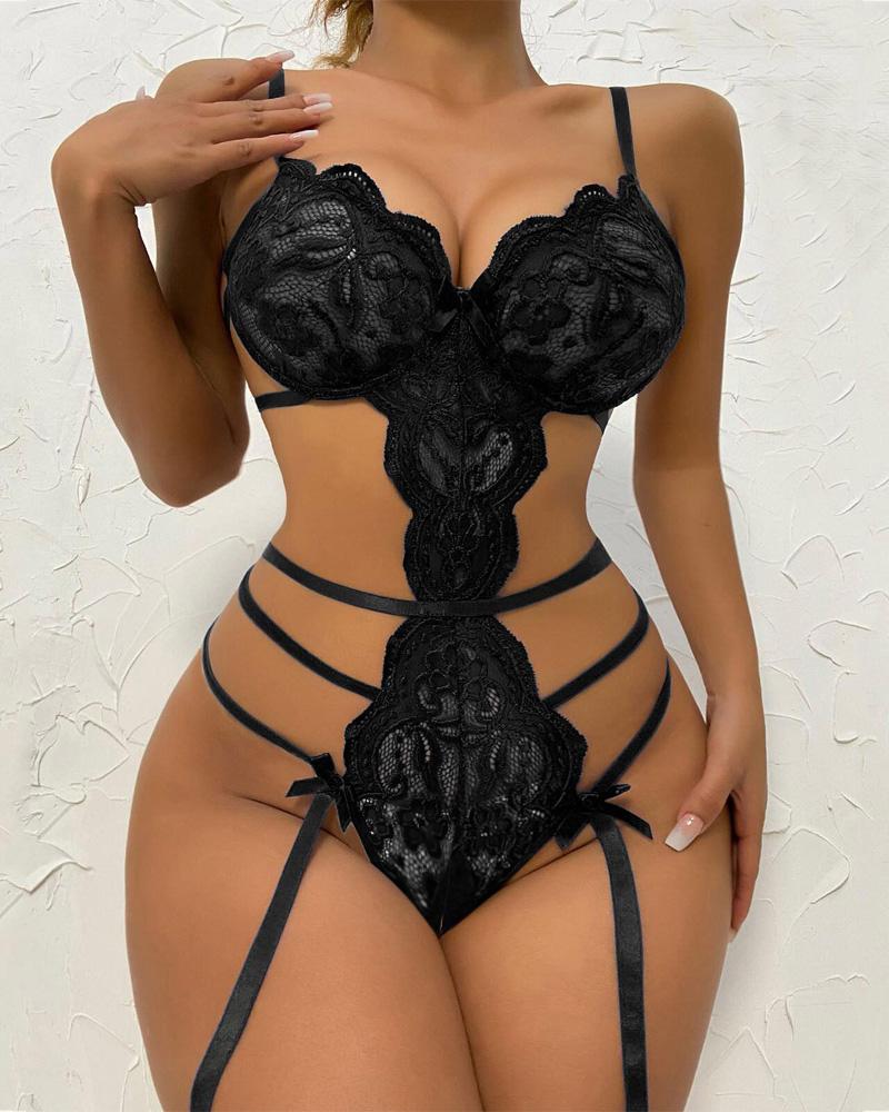 

Bowknot Decor Backless Lace Crotchless Garter Teddy, Black