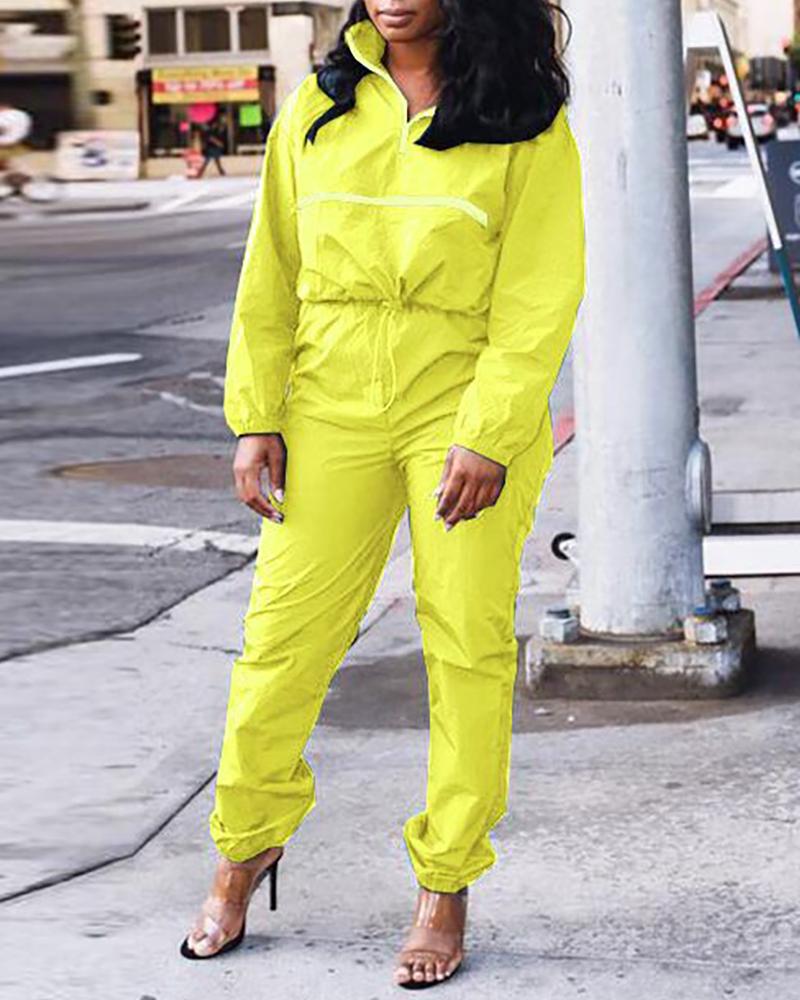 

Zipper Design Drawstring Top & High Waist Pants Set, Yellow