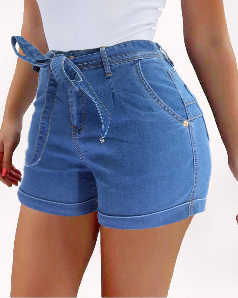 

Zipper Fly Tied Detail Roll Hem Denim Shorts, Blue