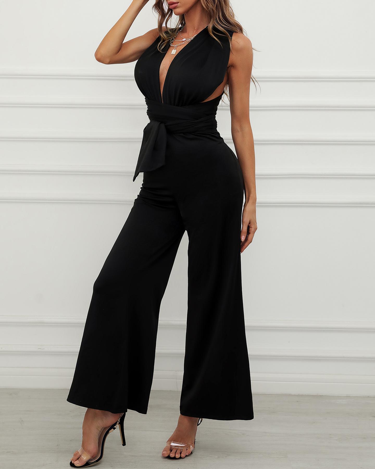 

V Neck Knotted Flared Jumpsuit, Black