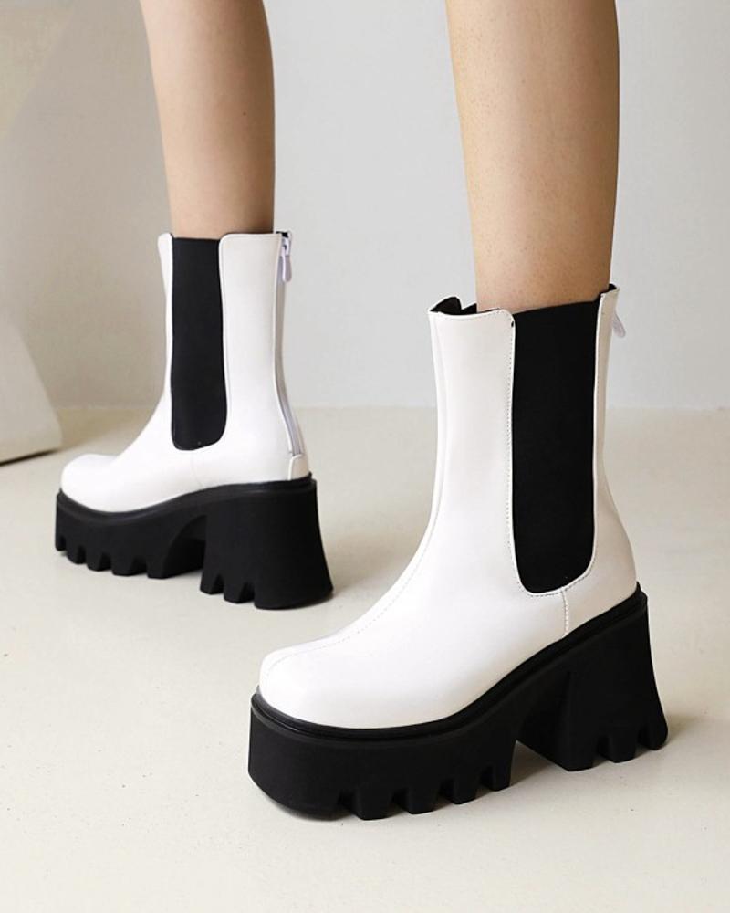 

Womens Square Toe Shiny Finish Back Zipper Platform Boots, White