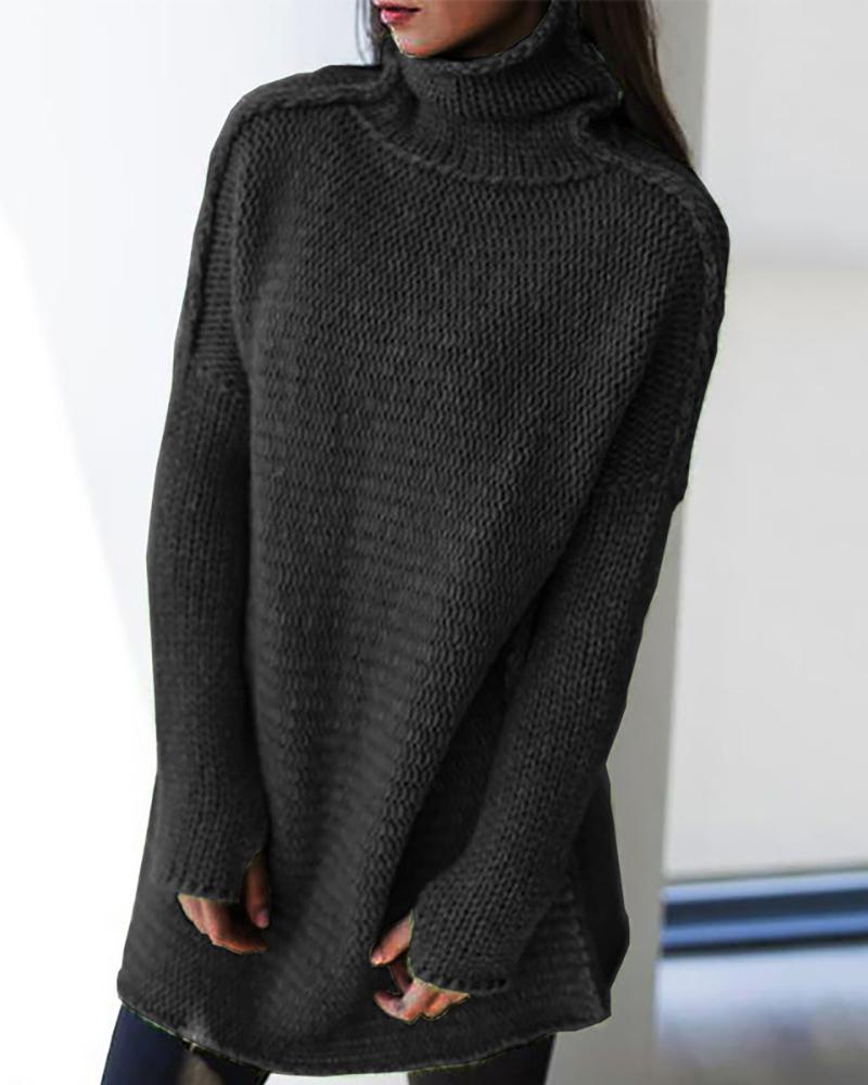 

High Neck Long Sleeve Casual Sweater, Black
