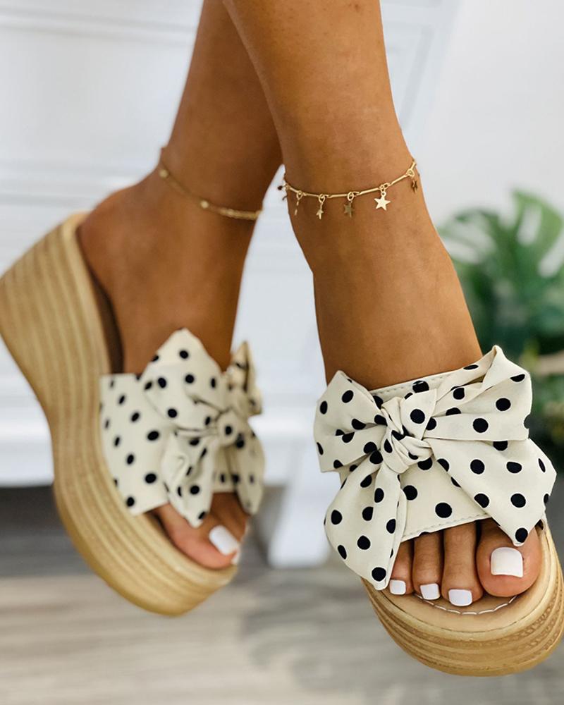 

Polkadot Print Bowknot Decor Wedge Shoes, Beige