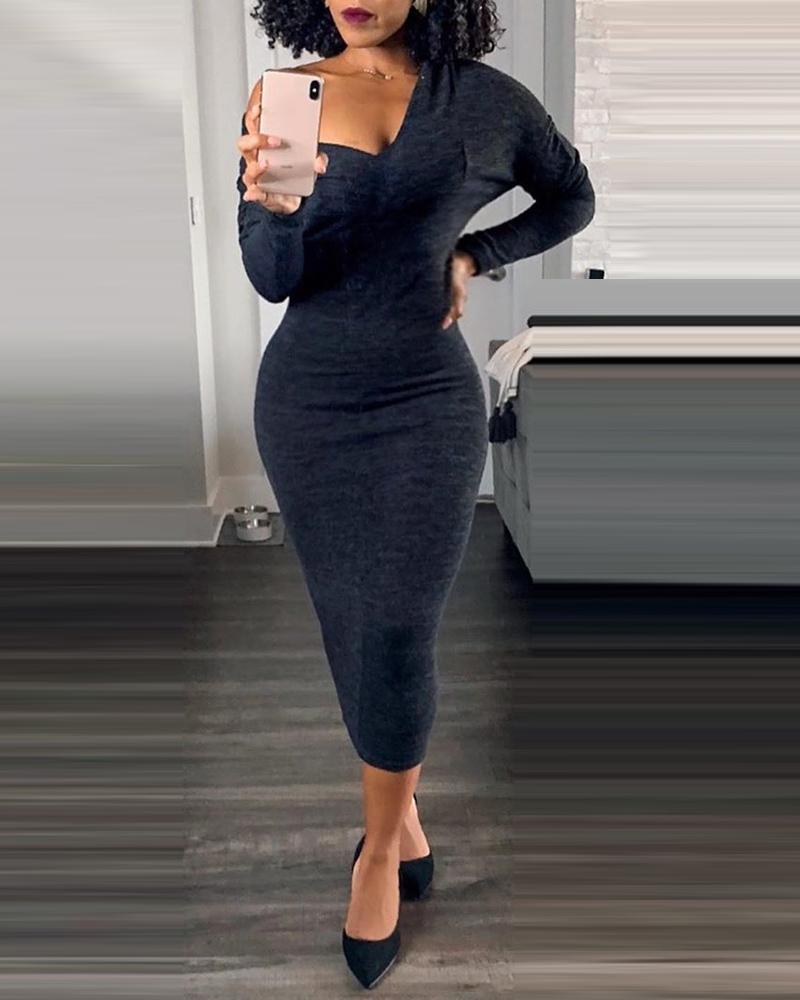 

One Shoulder Plain Bodycon Sweater Dress, Gray