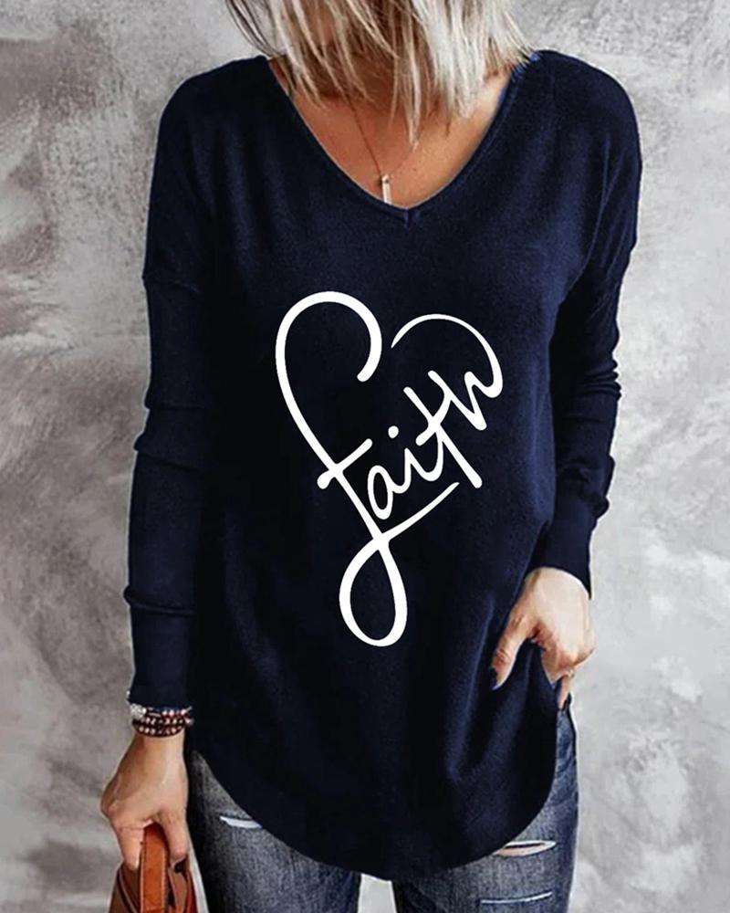 

Valentine's Day Heart Letter Print Long Sleeve Top, Blue