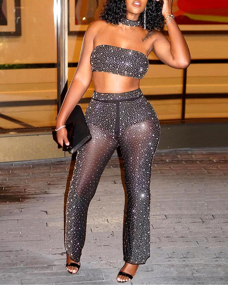 

Rhinestone Bandeau Crop Top & Sheer Mesh Pants Set, Black